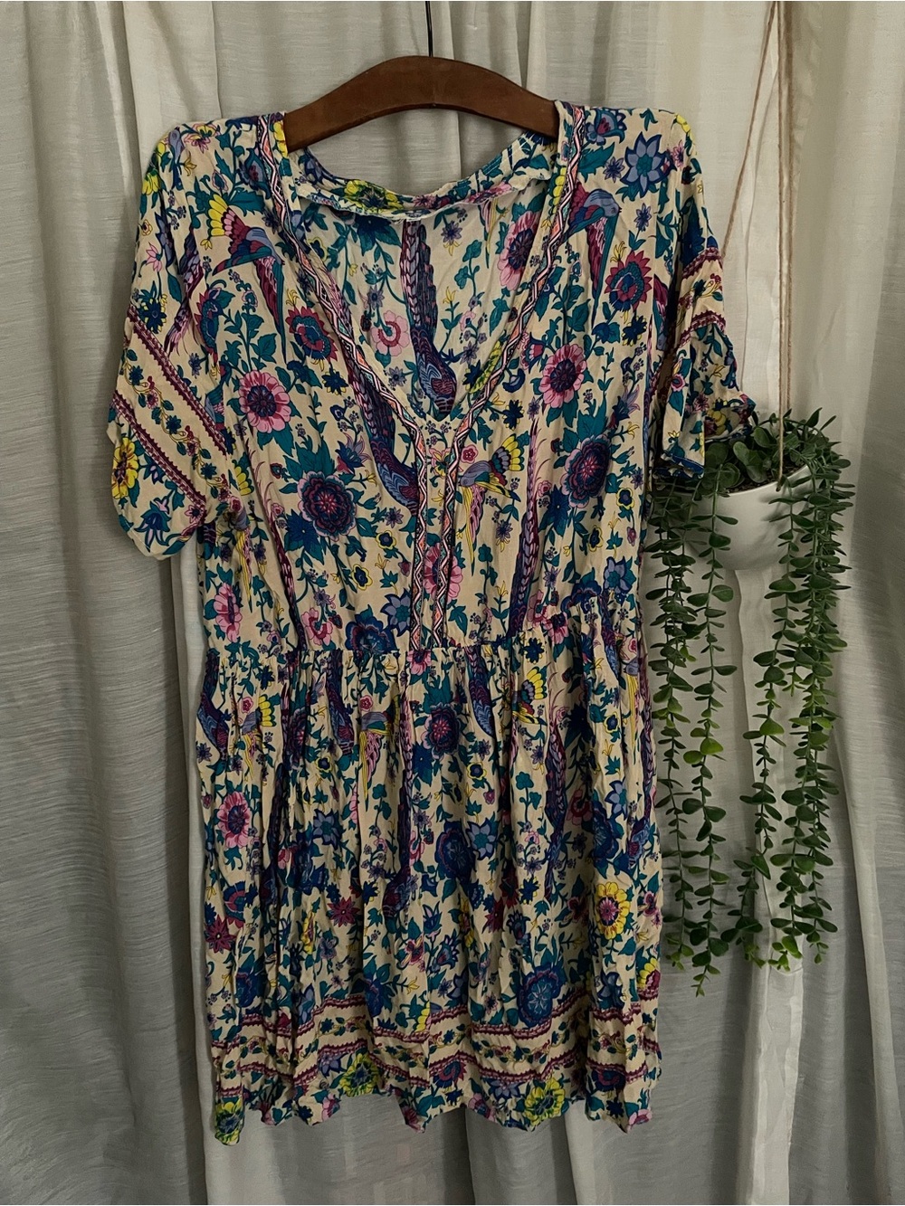 Floral Boho Tiered Short Sleeve Dress - Cream with Blue & Pink